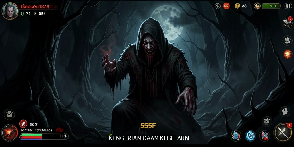 Screenshot gameplay 555F menampilkan suasana Horror yang mencekam.