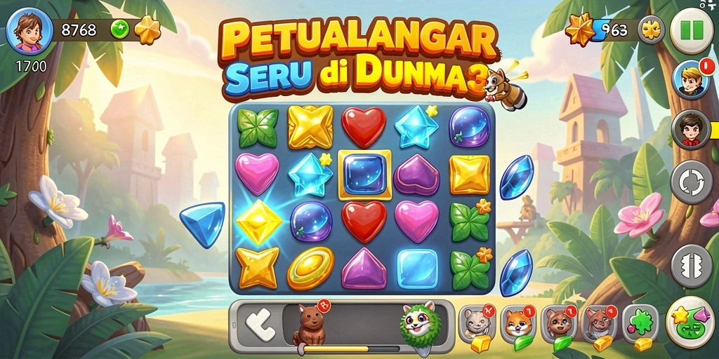 Tangkapan layar menunjukkan gameplay Match-3 yang seru dan penuh warna di 8768.