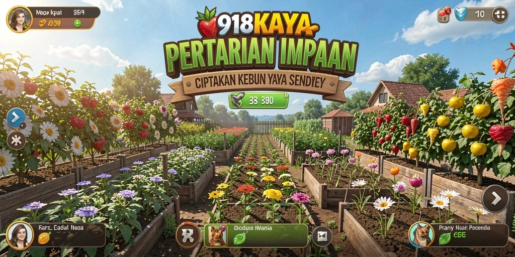 Tangkapan layar gameplay 918KAYA menampilkan kebun yang subur dan hewan peliharaan yang lucu.