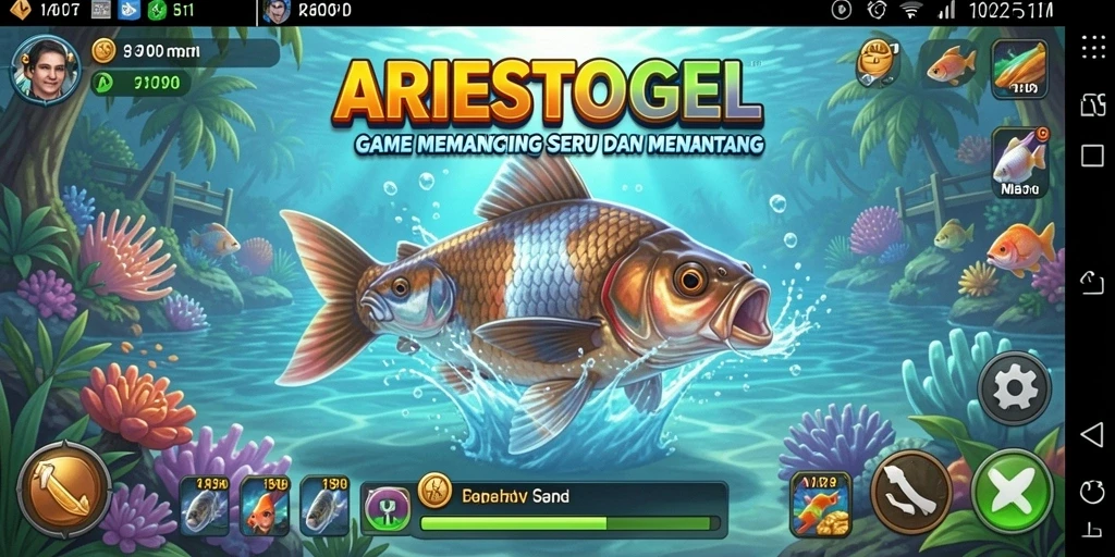 Tampilan gameplay ARIESTOGEL dengan aktivitas memancing yang menyenangkan.