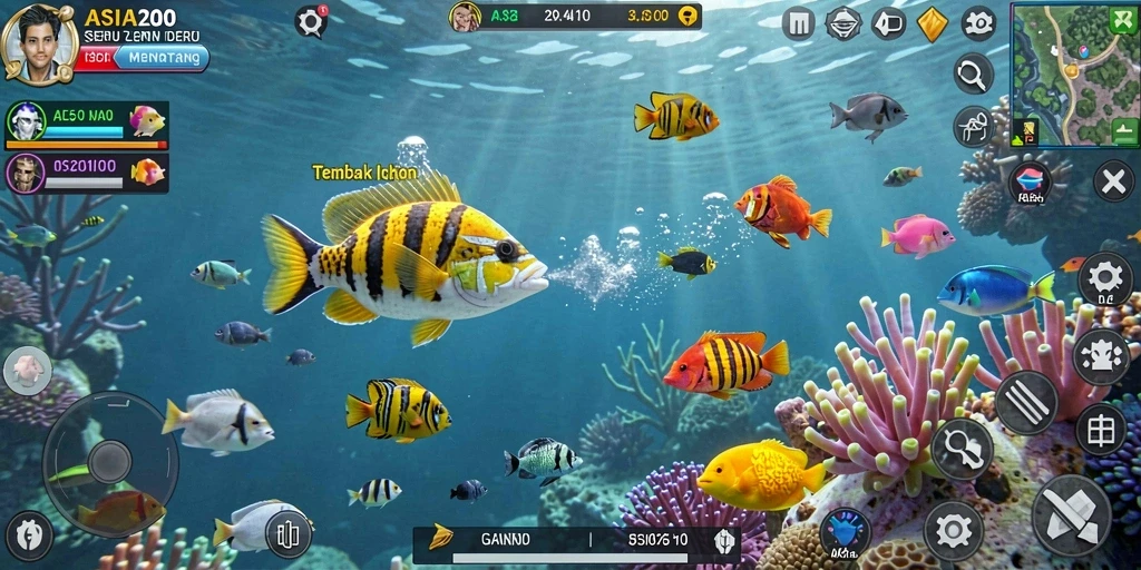 Gameplay ASIA200 dengan grafis menawan dan ikan berwarna-warni.