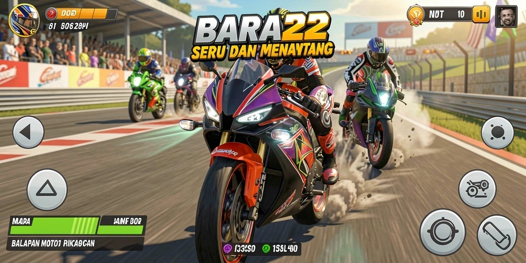 Tampilan menakjubkan dari gameplay BARA22 saat balapan motor.