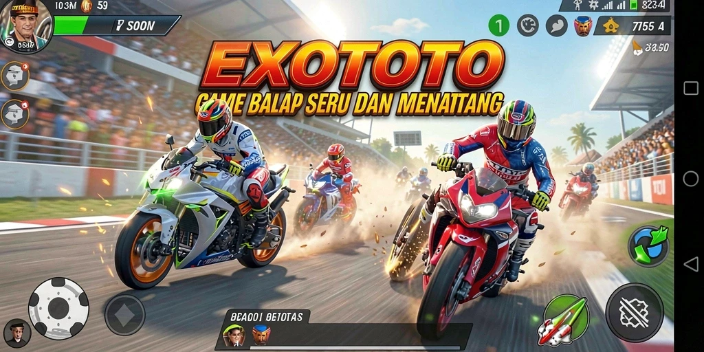 Screenshot gameplay EXOTOTO menunjukkan aksi balap mendebarkan.