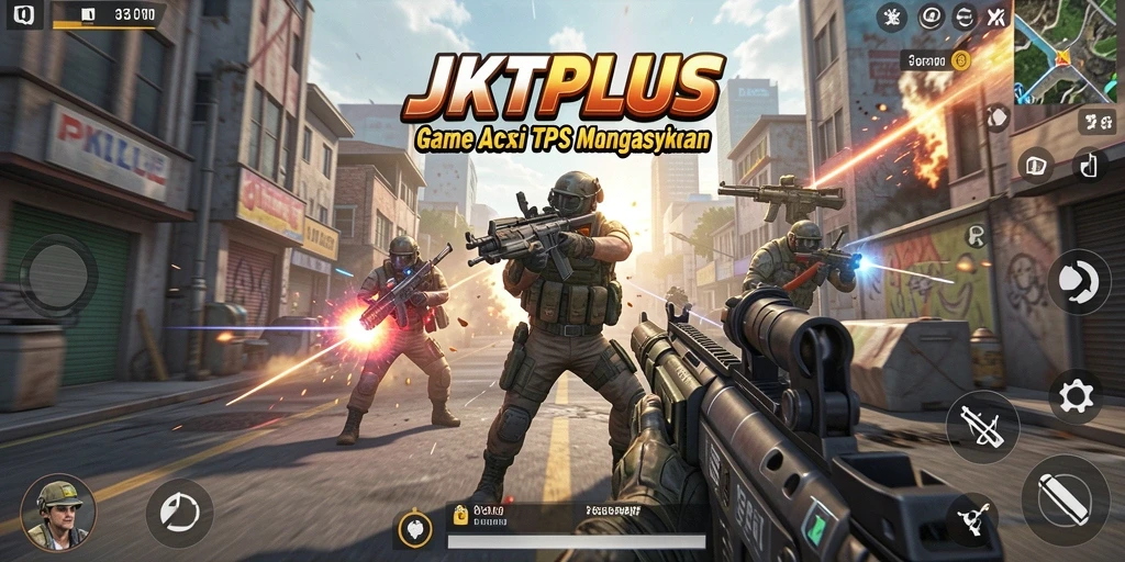 Tampilan gameplay seru JKTPLUS dengan aksi menembak intens.