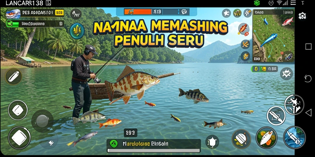 Screenshot gameplay LANCAR138 menunjukkan momen menangkap ikan di danau.