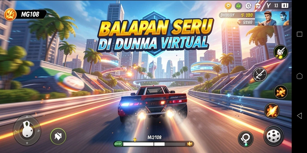 Screenshot gameplay MG108 menampilkan aksi balap yang mendebarkan.