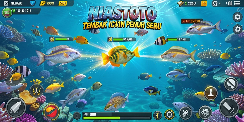 Tampilan gameplay NIASTOTO dengan berbagai ikan berwarna.