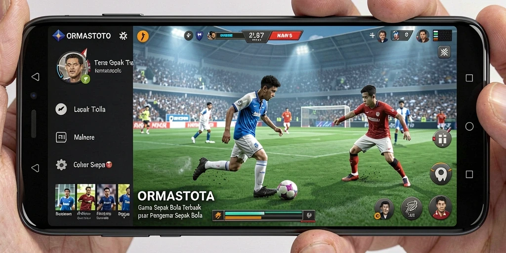 Tangkapan layar utama dari gameplay ORMASTOTO menunjukkan aksi seru dalam pertandingan sepak bola.