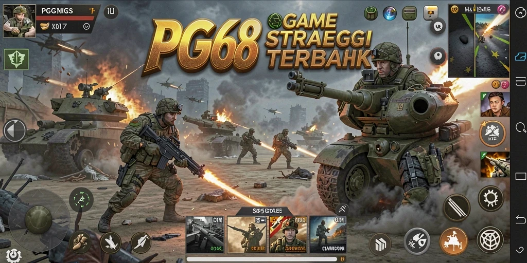 Screenshot utama PGG68 menunjukkan aksi dan strategi pertempuran yang intens.