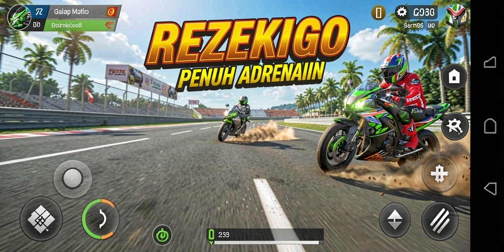 Tampilan gameplay seru dalam balapan motor REZEKIGO.