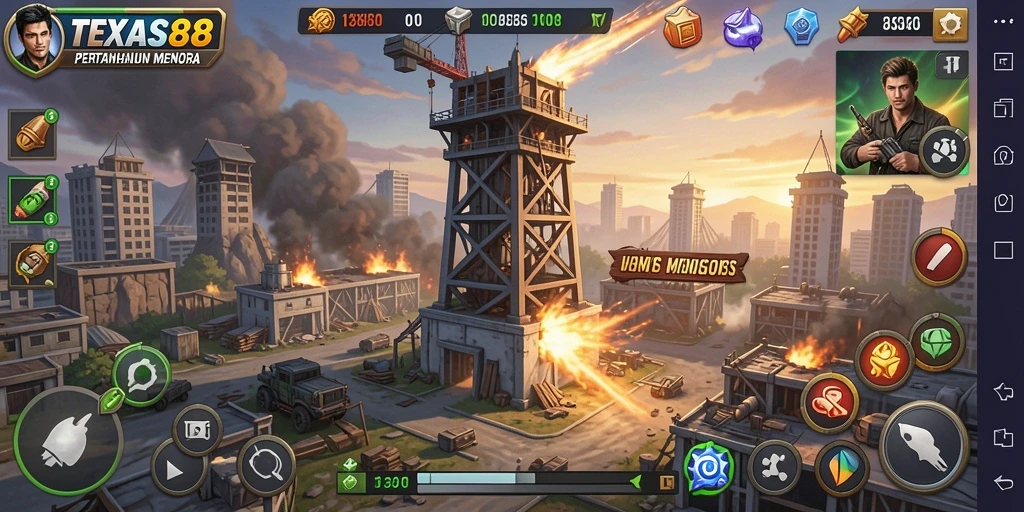 Tampilan gameplay TEXAS88 dengan strategi Tower Defense yang mendebarkan.