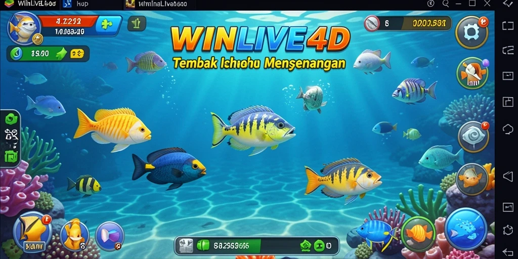 Screenshot utama WINLIVE4D menampilkan aksi seru dalam permainan Tembak Ikan.